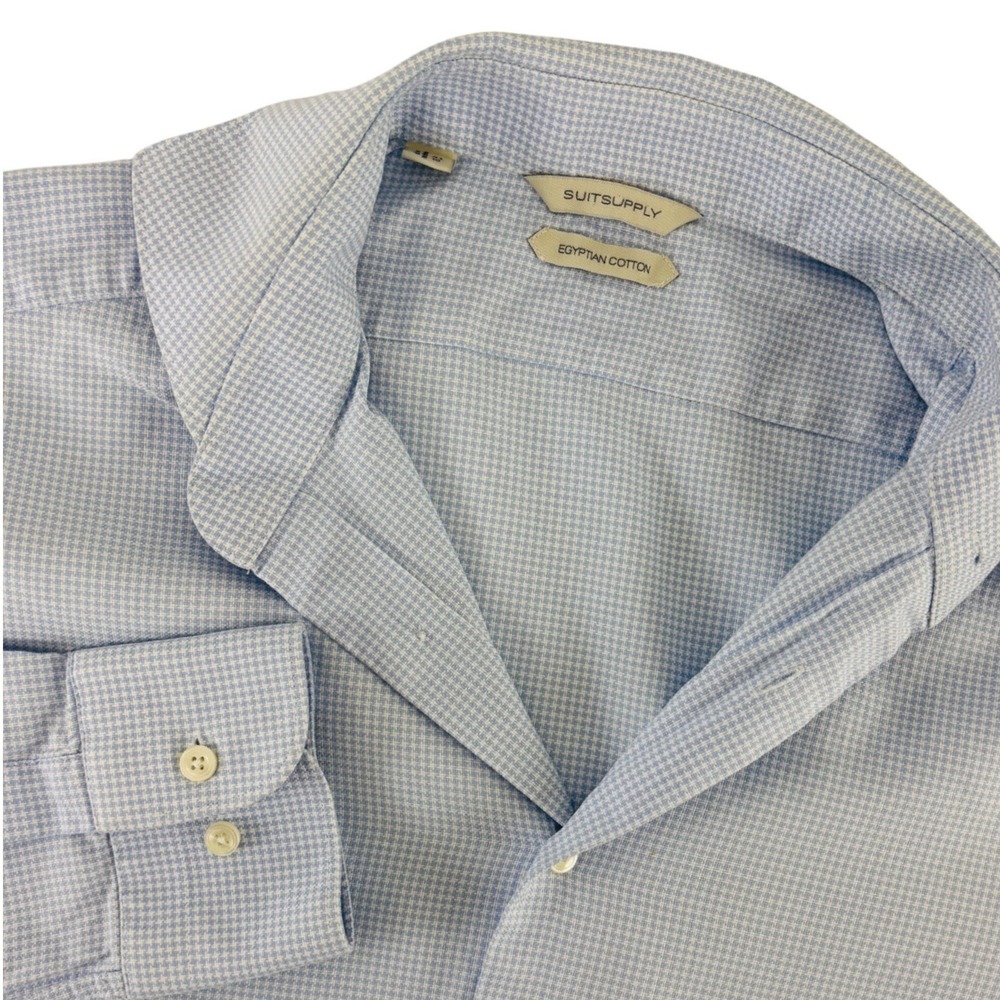 Suitsupply Mens Egyptian Cotton Micro Houndstooth Dress Shirt Blue White 41/16
